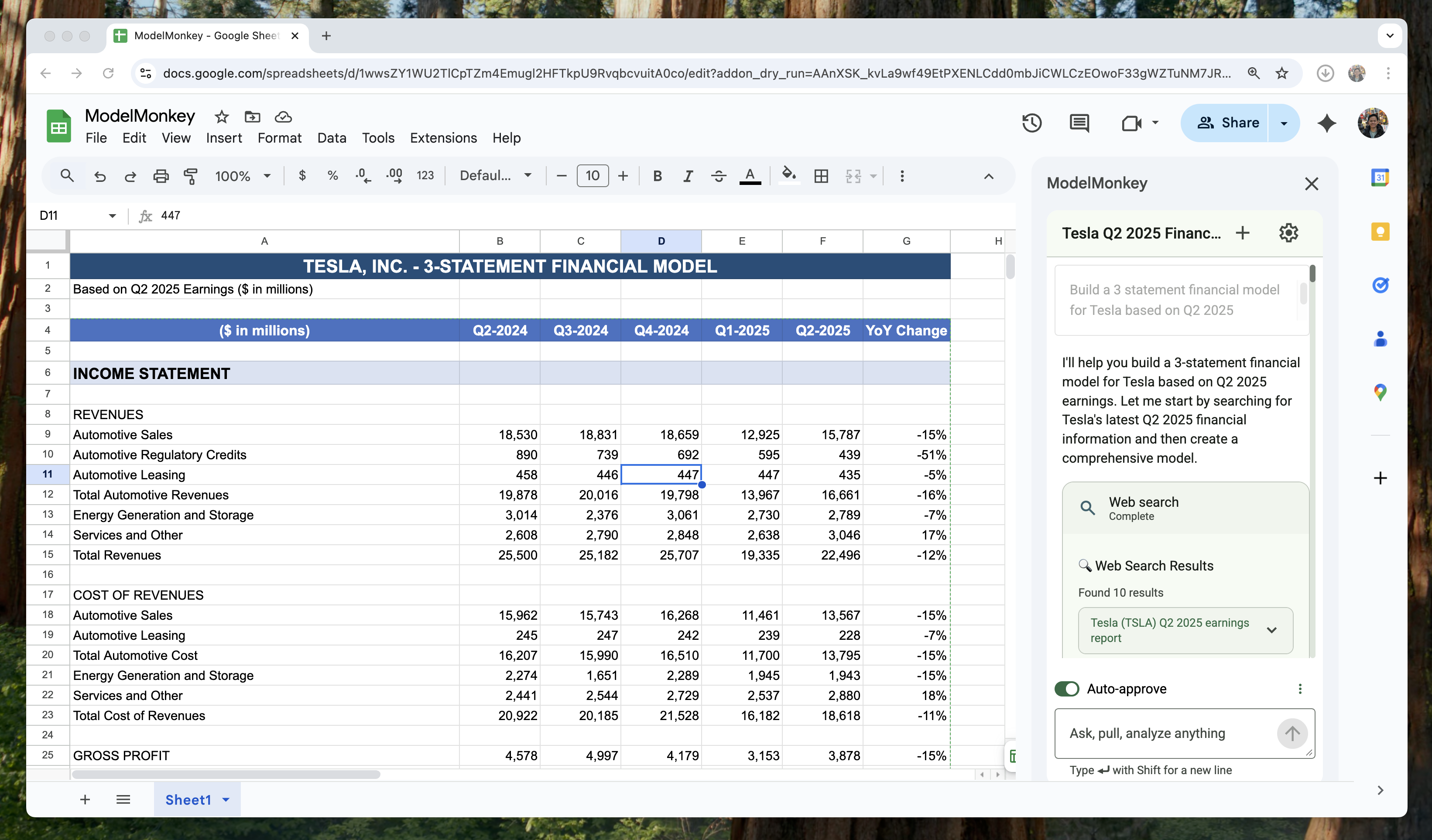ModelMonkey in Google Sheets showing a financial model